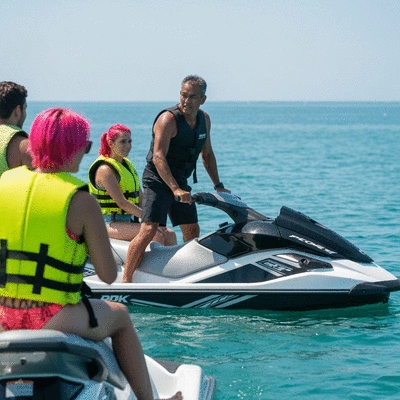 Group of people participating in a PWC safety course, with an instructor providing guidance on a jet ski, on a sunny day with clear water, no text, no words, no typography, 8K, natural lighting