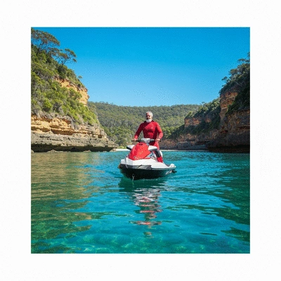 Person on a jet ski exploring a secluded cove with crystal clear water in Australia