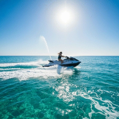 Person riding a jet ski on clear blue ocean water, sun shining