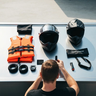 Person inspecting jet ski equipment with life jacket and helmet