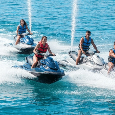 Group of jet skiers on the water, having fun, with safety gear
