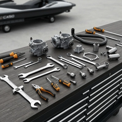 Various tools and parts laid out for jet ski maintenance