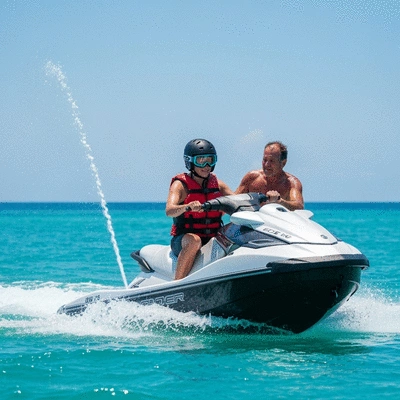 Person on a jet ski receiving instruction from an instructor on the water, clear blue sky, no text, no words, no typography, 8K, natural lighting