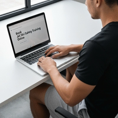 Person using a laptop to book a jet ski safety training session online, clean desk, no text, no words, no typography, 8K, natural lighting
