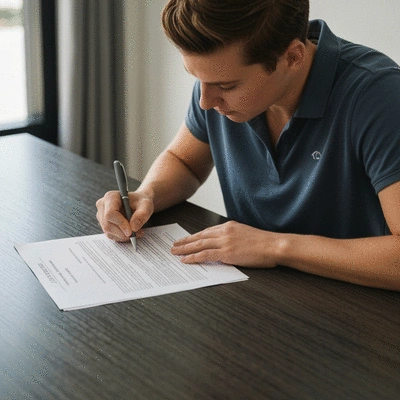 Person signing a jet ski rental agreement with a pen, hands visible on a table