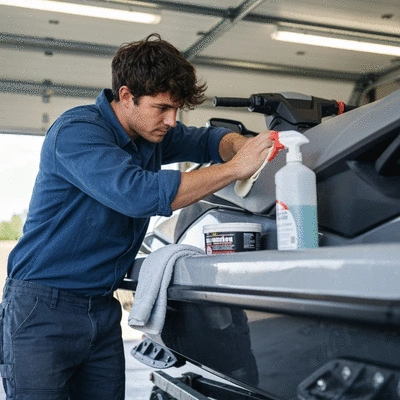 Person cleaning and waxing the hull of a jet ski in a garage, focused and detailed work
