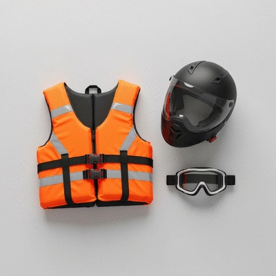 Jet ski safety gear laid out, including a life jacket, helmet, and goggles, on a clean surface