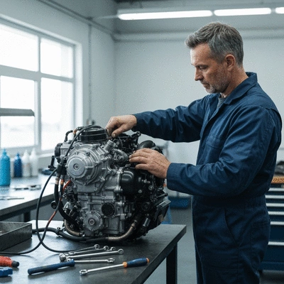 Jet ski engine being maintained by a professional mechanic, clean and well-lit workshop